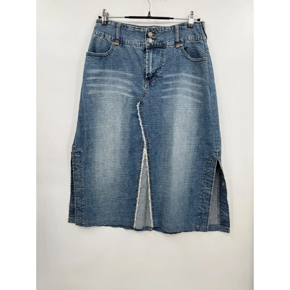 London Blue Vigoss 11/12 Denim Midi Skirt W  Blue‎ Grommet Slit Distressed Y2K